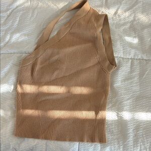 Tan Ribbed One-Shoulder Top